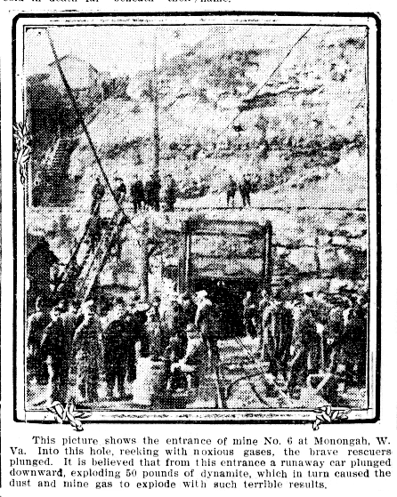 Rescuers entering the mouth of the No. 6 mine at Monongah, West Virginia, after the December 6, 1907 explosion.